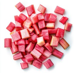 Fresh and Vibrant Rhubarb Cubes Piled Together Ready for Culinary Creations in Bright Red and Green Colors