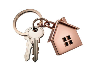 A set of metallic house keys attached to a stylish keychain shaped like a house, symbolizing home ownership and real estate possibilities.