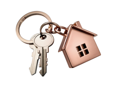 A set of metallic house keys attached to a stylish keychain shaped like a house, symbolizing home ownership and real estate possibilities. - Powered by Adobe