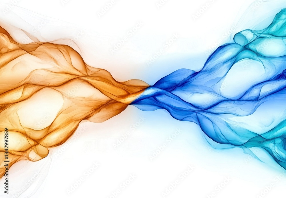 Poster abstract image of swirling blue and gold smokelike forms on a white background. the colors blend and