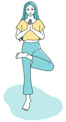 ヨガの木のポーズで立つ女性のシンプルな線画のベクターイラストレーション