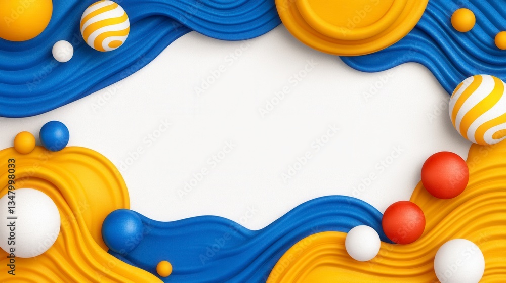 Poster abstract background with blue and yellow wavy shapes and colorful spheres. white space in the center