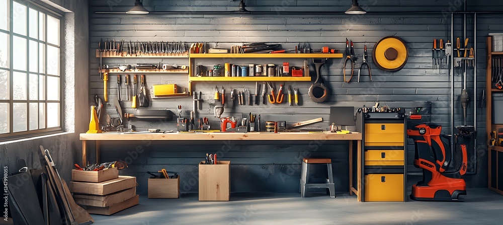Poster clean and stylish construction workshop showing modern tools and gear, perfectly arranged with open 