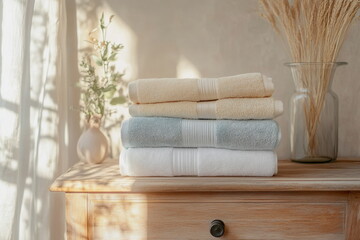 Tidy shelf with folded bath towels. Clean, cozy look ideal for home organization and self-care themes.

