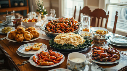 rustic thanksgiving dinner table setting with seafood and rice dishes
