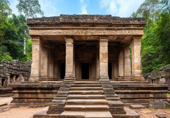Obraz premium Ancient stone temple with a staircase, surrounded by lush green trees under a partly cloudy sky. The temple's facade features intricate carvings and columns.