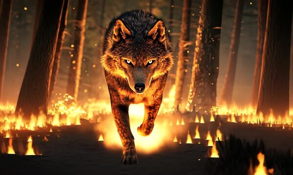 Majestic Wolf Surrounded by Flames in Enigmatic Forest Setting with ai generated.