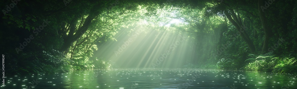 Poster A serene forest scene with sunlight filtering through lush greenery, reflecting on calm waters, creating a tranquil and magical atmosphere.