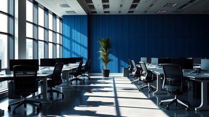 Modern, Bright Office Space: White Desks and Blue Accent Wall