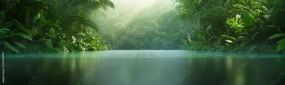 Poster a serene view of a tranquil water surface surrounded by lush greenery, illuminated by soft, diffused