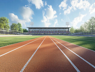 Obraz premium An empty track and field stadium on a sunny day with clear skies and white clouds