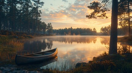 Sunset Canoeing Adventure at Tranquil Lake Nature Photography Scenic Landscape Serene Environment Wide Angle View