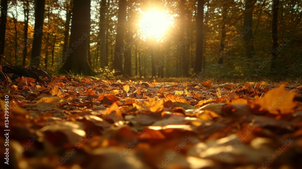Poster low angle view of a forest floor covered in golden and brown autumn leaves, sun shining through the 