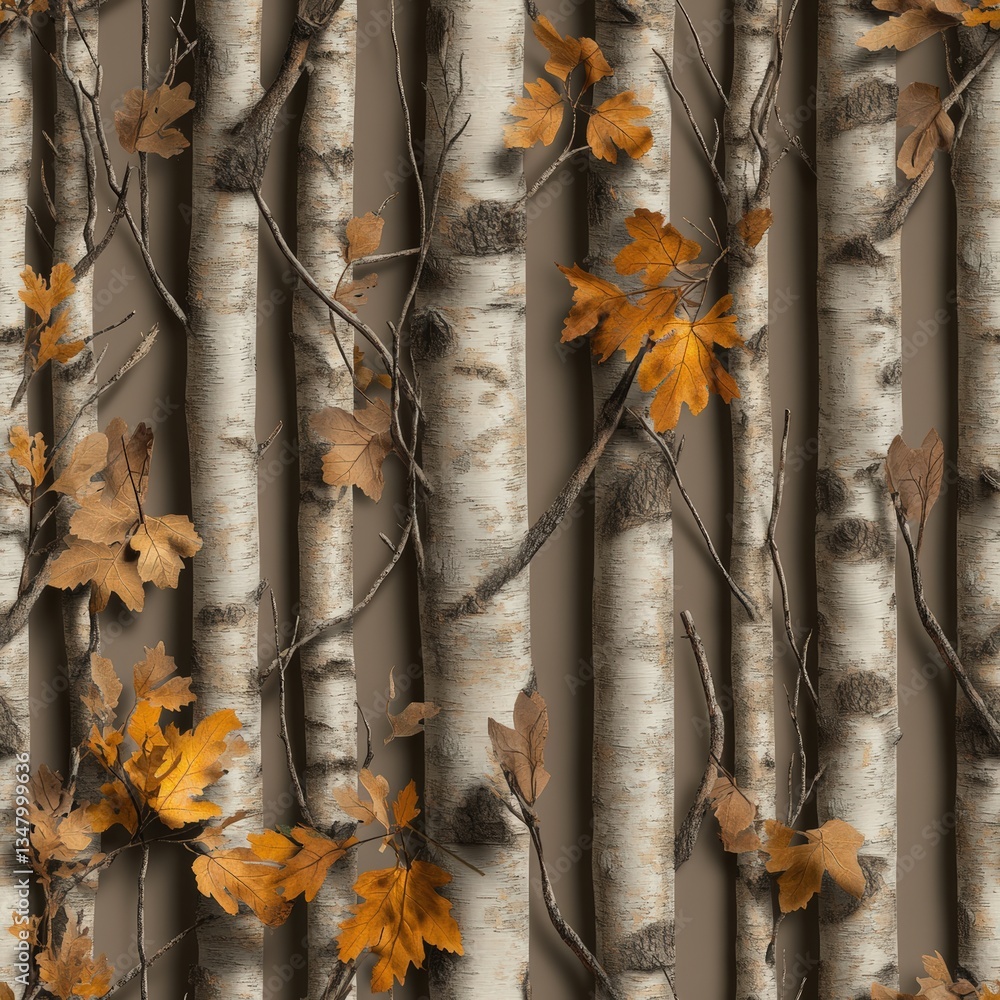 Poster close-up of a unique camouflage pattern showcasing vertical birch tree trunks with muted gray and br
