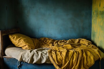Cozy Bedroom Scene with Yellow Bedding on Unmade Bed