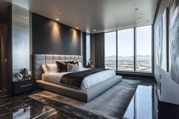 A modern and luxurious bedroom with a stunning panoramic view