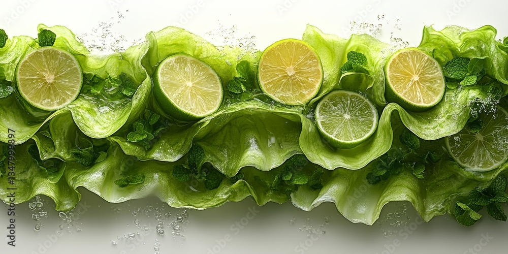 Aufkleber refreshing water waves with floating lime slices isolate on white background, 8k resolution