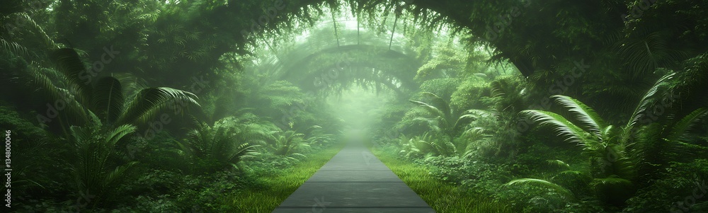 Poster A lush, green forest path surrounded by dense foliage and mist, creating a serene and enchanting atmosphere.