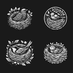 Bird nest engrave logo icon design illustration