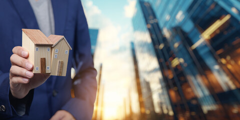 Real Estate Agent Holding Model Houses Against City Skyline Background