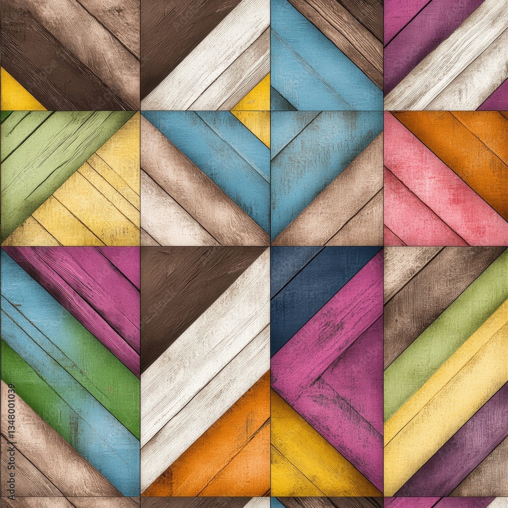 Poster a geometric pattern featu multicolored wooden planks arranged diagonally to create squares and trian