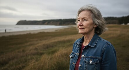 Serene contemplation by the seaside: A mature woman embraces tranquility amidst nature's beauty, evoking calm and reflection.