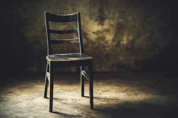Rustic wooden chair with worn surface in dimly lit environment
