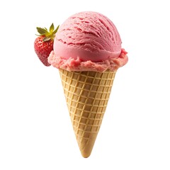 a strawberry ice cream cone isolated on transparent background.