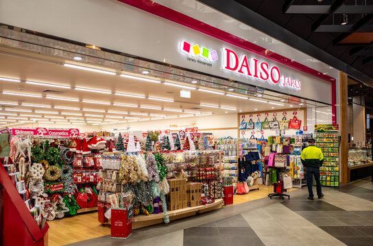 Storefront of a Daiso retail store in Australia, displaying a variety of  merchandise including decorations, household items, and diverse products typical of the Japanese dollar shop chain.