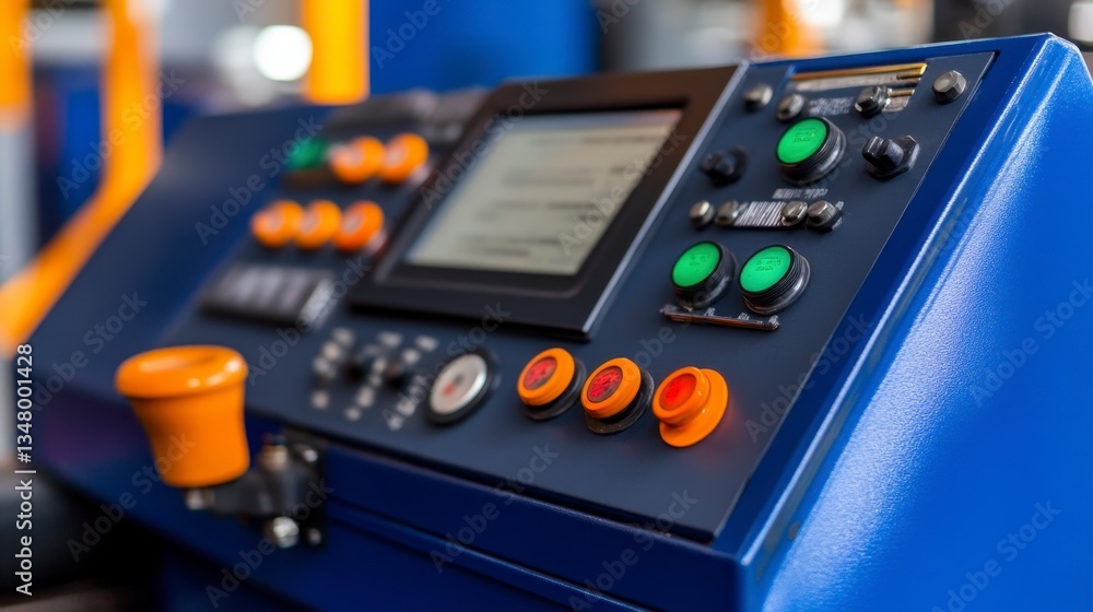 Poster close up view of a blue industrial control panel with various buttons, knobs, and a digital display 