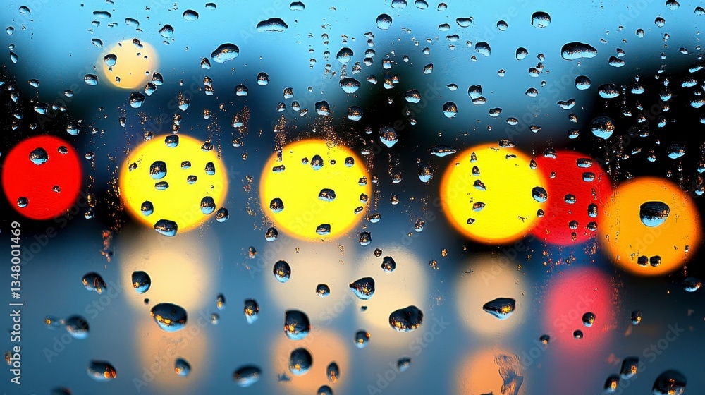 Poster rain droplets on a windowpane blur the colorful lights of traffic at night. the bokeh effect creates