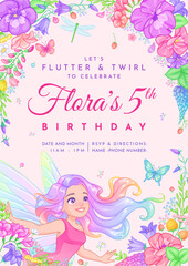 Birthday party invitation template with a fairy, flowers and butterflies. Vector illustration on pink background.