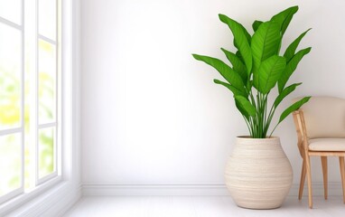 Bright interior design features a large green plant in a textured pot, a beige armchair, and a bright window. The room is minimalist and airy.