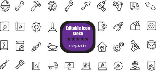 Set of outline icons related to repair, maintenance, construction. Linear icon collection. Editable stroke.