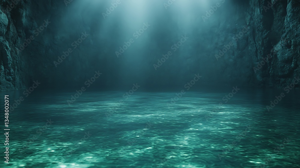 Poster a tranquil underwater scene with shimmering light illuminating the water surface, surrounded by dark