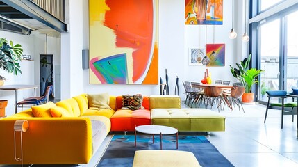 Stylish colorful contemporary loft living room abstract artwork bold furniture open and airy space white isolated background