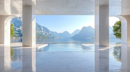 Fototapeta premium Serene Lakeside Villa: Minimalist Architecture with Breathtaking Mountain Views