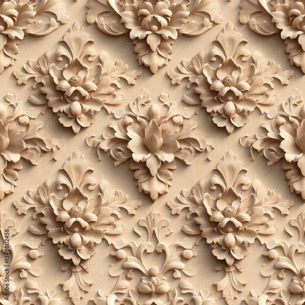 Poster intricate repeating beige carved floral designs in damask style creating a textured embossed effect 