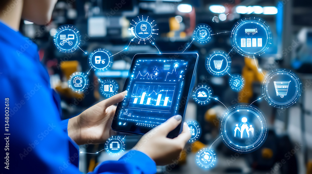 Poster analyzing industrial data trends with tablet technology in smart factories digital environment analy