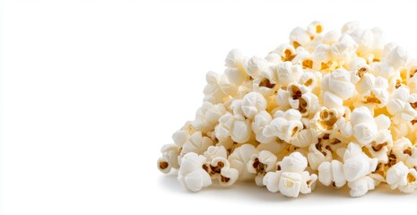 A large pile of freshly popped popcorn against a white background. The popcorn is light yellow and white, with some kernels showing darker brown spots.