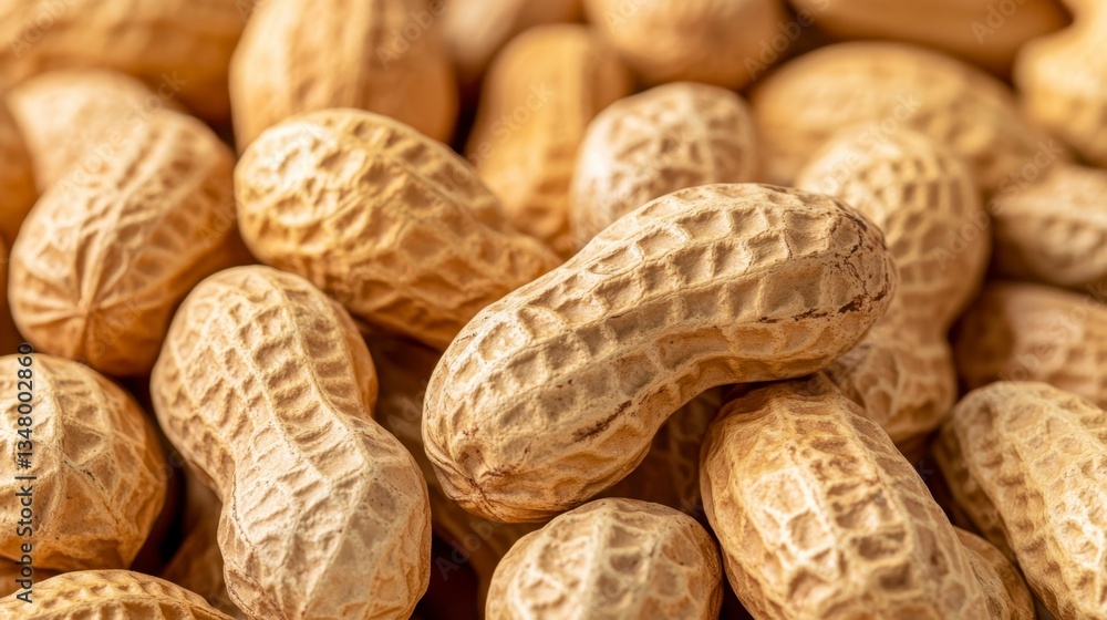 Poster close up view of numerous light brown peanuts in their shells, showing detailed textures and natural