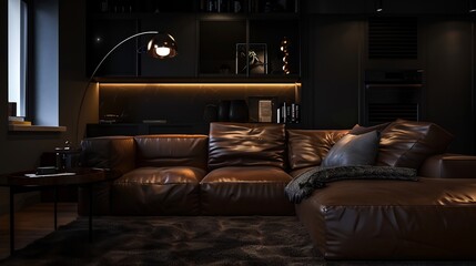 Stylish bachelor pad living room dark masculine tone leather couch smart home features ambient lighting isolated white background