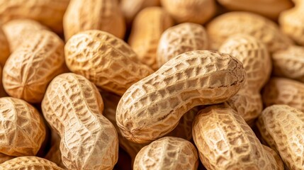 Close up view of numerous light brown peanuts in their shells, showing detailed textures and natural variations in color and shape.