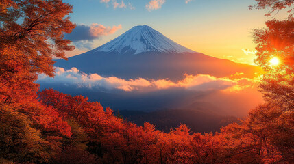 Fototapeta premium Mount Fuji at sunset in autumn with snow-capped peak and scenic landscape