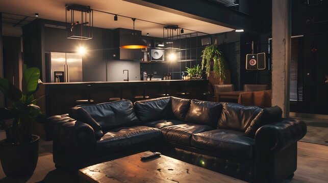 Stylish bachelor pad living room dark masculine tone leather couch smart home features ambient lighting isolated white background