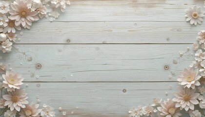 Fototapeta premium A charming image showcasing delicate, pastel-colored paper flowers arranged around the corners of a light gray wooden plank backdrop.
