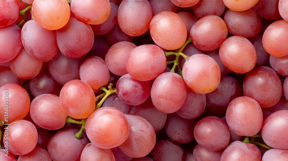 Poster close up view of red grapes, showing their round shape, pinkish red hue, and slight dew or moisture.