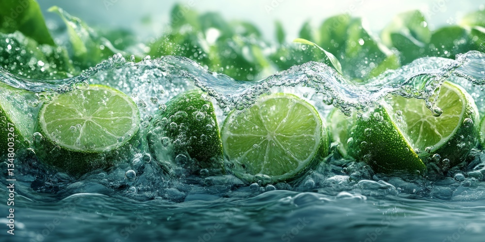Aufkleber refreshing water waves with floating lime slices isolate on white background, 8k resolution