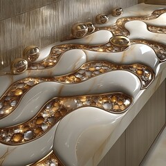 Luxurious backlit marble sink, pebbles, bathroom