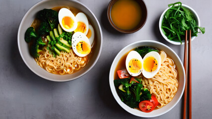 Bowl of ramen noodles with boiled eggs, meat, shrimp, nori, pork, broccoli, peas, and tomatoes on a wooden background. Close up view of fresh hot delicious asian ramen noodles. 